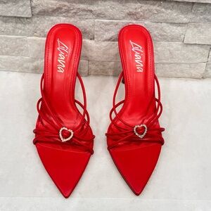 Liliana Red Strappy Women's Heels Rhinestone Heart